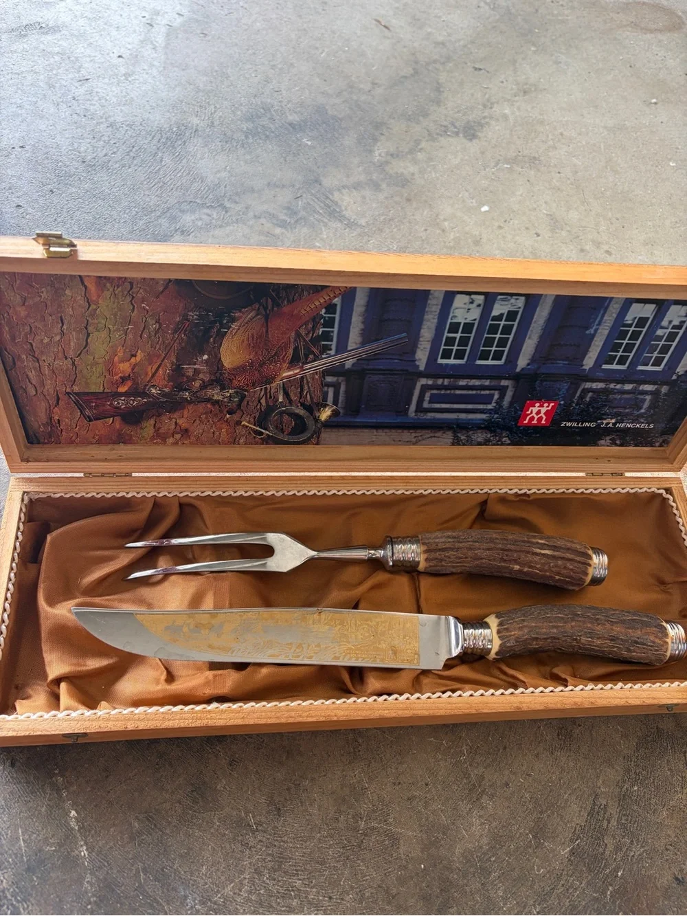 Vintage Zwilling J.A. Henckels Gold Etched Stag Handle Carving Set with Wood Box